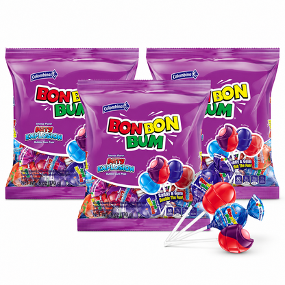 Colombina Bon Bon Bum Lollipops w/Bubble Gum Center, Berry Explosion Mix, Individually Wrapped, Ideal for Party Favors and Gifts, (Pack of 3)