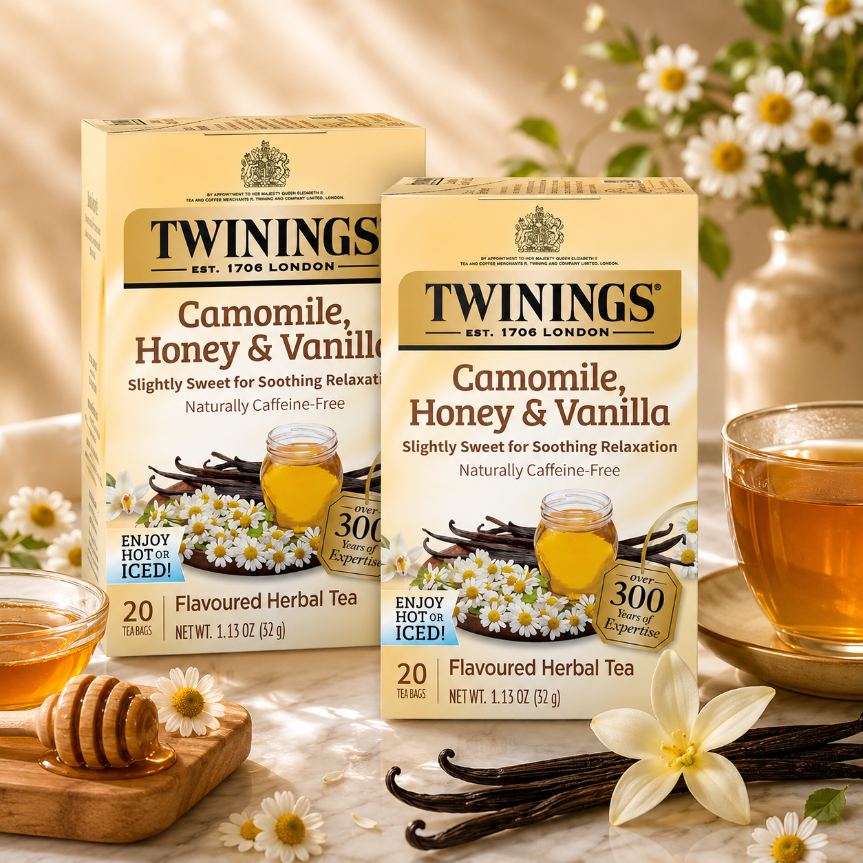 Twinings Camomile, Honey & Vanilla Herbal Tea - Naturally Caffeine-Free Camomile Tea Bags Individually Wrapped, 20 Count Ea (Pack of 2)