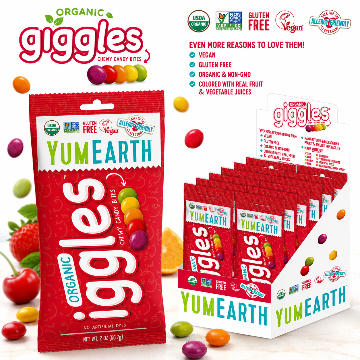 YumEarth Organic Fruit Flavored Giggles Chewy Candy Bites Allergy Friendly Gluten Free Non-GMO Vegan 2 oz