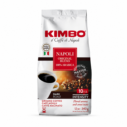Kimbo Napoli Original Blend 100% Arabica Ground Coffee | 10/13 Intensity | Dark Roast with Floral & Sweet Flavor | 12 oz (340g) bag