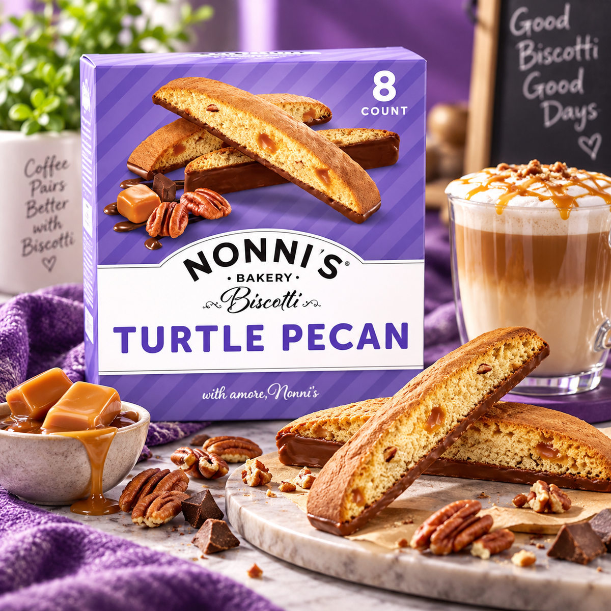 Nonni's Turtle Pecan Biscotti, Gourmet Cookies, Individually Wrapped, 8 Count Nonni's