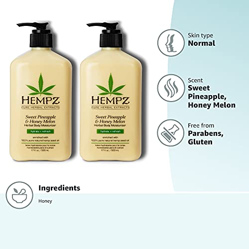 Hempz Sweet Pineapple & Honey Melon Moisturizing Skin Lotion Body Moisturizer 17 oz (Pack of 2) with Jojoba Vitamin A and E