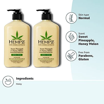 Hempz Sweet Pineapple & Honey Melon Moisturizing Skin Lotion Body Moisturizer 17 oz (Pack of 2) with Jojoba Vitamin A and E