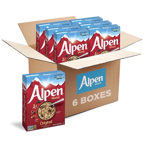 Alpen Muesli Original Cereal, Heart Healthy Cereal with Wheat Flakes, Rolled Oats, Nuts and Raisins, Non-GMO Project Verified, 14 OZ Box (Pack of 6)