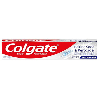 Colgate Baking Soda and Peroxide Toothpaste, Whitening Baking Soda Toothpaste, Brisk Mint Flavor, Whitens Teeth, Fights Cavities and Removes Surface Stains for Whiter Teeth, 2.5 Oz Tube, (Pack of 6)
