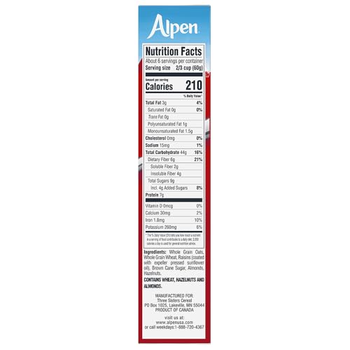 Alpen Muesli Original Cereal, Heart Healthy Cereal with Wheat Flakes, Rolled Oats, Nuts and Raisins, Non-GMO Project Verified, 14 OZ Box (Pack of 6)