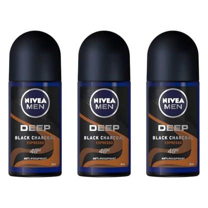 NIVEA MEN DEEP Black Carbon Espresso Anti-Perspirant Roll-On, 50 mL  72-Hour Odor & Sweat Protection, No Visible Black Residue, Long-Lasting Espresso Scent, (Pack of 3)