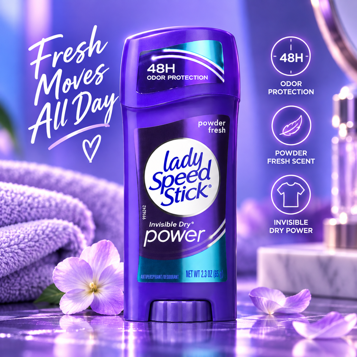 Lady Speed Stick Deodorant 2.3 oz Powder Fresh Invisi Dry (68 mL) (Pack of 3) Lady Speed Stick