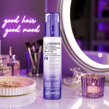 GIOVANNI 2chic Ultra Repairing Leave-In Conditioning & Styling Elixir - Hair Serum for All Hair Types, Tsubaki Seed Oil & White Tea, Detangles, Smooths & Conditions, Tames Frizz - 4 oz