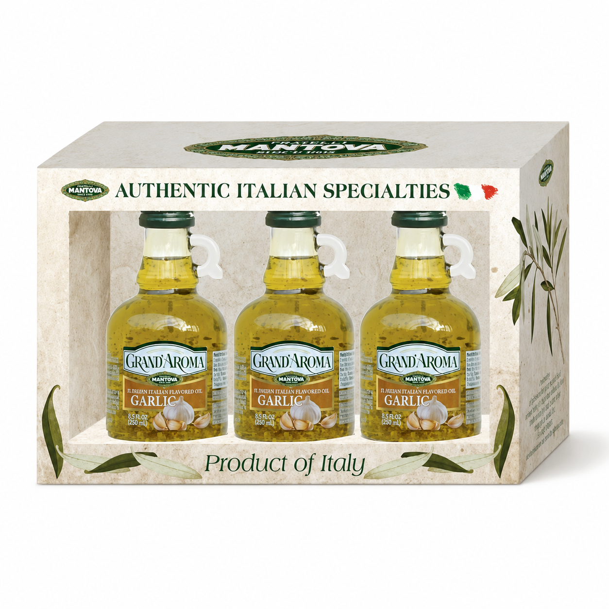 Grand'aroma Garlic Extra Virgin Olive Oil, 8.5-Ounce Bottles (Pack of 3)