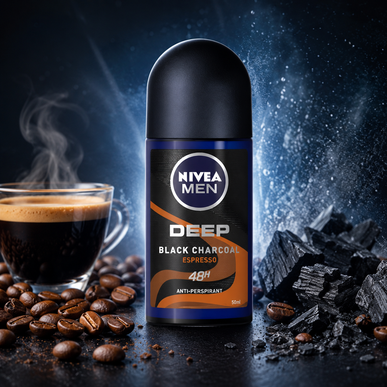 NIVEA MEN DEEP Black Carbon Espresso Anti-Perspirant Roll-On, 50 mL  72-Hour Odor & Sweat Protection, No Visible Black Residue, Long-Lasting Espresso Scent, (Pack of 3)