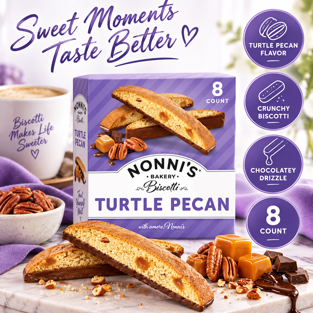 Nonni's Turtle Pecan Biscotti, Gourmet Cookies, Individually Wrapped, 8 Count Nonni's