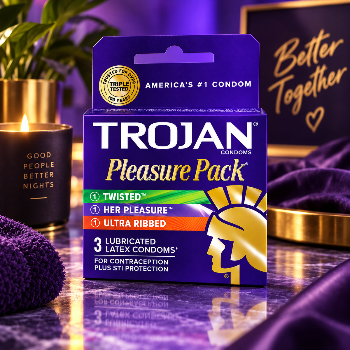 Trojan Pleasure Pack Lubricated Premium Latex Condoms - 3 Count (Pack of 4) Trojan