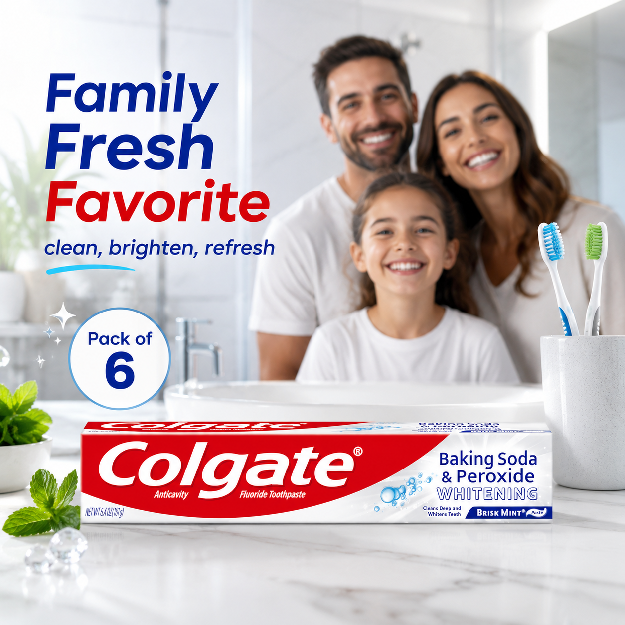 Colgate Baking Soda and Peroxide Toothpaste, Whitening Baking Soda Toothpaste, Brisk Mint Flavor, Whitens Teeth, Fights Cavities and Removes Surface Stains for Whiter Teeth, 2.5 Oz Tube, (Pack of 6)