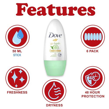 Dove Roll on Deodorant Travel Size TSA Approved, Cucumber and Green Tea Scent Antiperspirant Deodorant for Women, 48 Hour Sweat Protection, On The Go, 1.4 oz (Pack of 6)