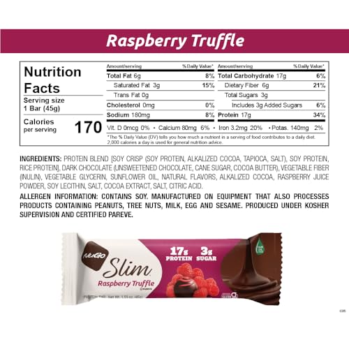 NuGo Slim Dark Chocolate Raspberry Truffle Protein Bar Keto Friendly Gluten Free 17g Protein 2g Sugar 7g Fiber 12 Count
