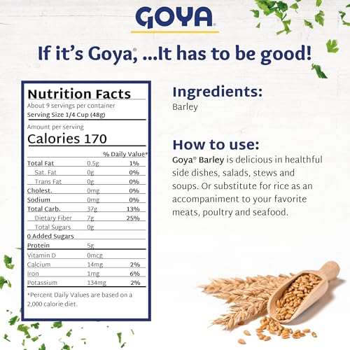 Dry Barley Grain by Goya, Pearl Barley, Pantry Staples, Cebada, Barley for Cooking, Cereal, and Soup, High in Fiber, Nutritious and Versatile, 16 oz