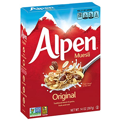 Alpen Muesli Original Cereal, Heart Healthy Cereal with Wheat Flakes, Rolled Oats, Nuts and Raisins, Non-GMO Project Verified, 14 OZ Box (Pack of 6)