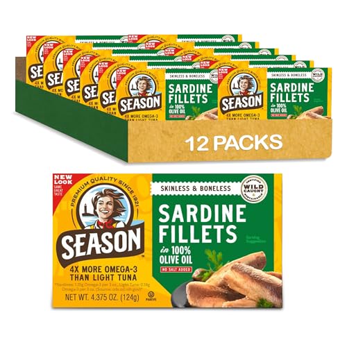 Season Sardines in Olive Oil, Skinless & Boneless, 4.37 oz (Pack of 12) Season