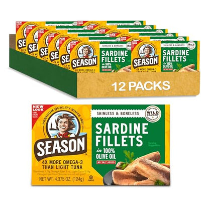 Season Sardines in Olive Oil, Skinless & Boneless, 4.37 oz (Pack of 12) Season