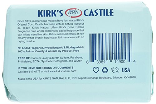 Kirk's Coco Castile Soap, Fragrance Free (Pack of 5)