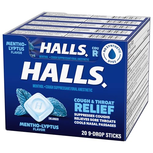 HALLS Cough and Throat Relief Mentho-Lyptus Cough Drops, 9 Sticks (Pack of 20)