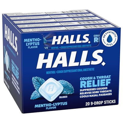 HALLS Cough and Throat Relief Mentho-Lyptus Cough Drops, 9 Sticks (Pack of 20)
