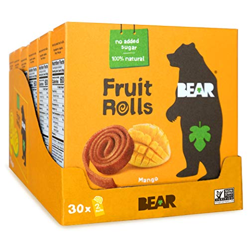 BEAR Real Fruit Snack Rolls, Mango (2 Rolls Per Pack), No Added (Pack of 30) BEAR
