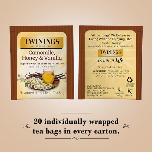 Twinings Camomile, Honey & Vanilla Herbal Tea - Naturally Caffeine-Free Camomile Tea Bags Individually Wrapped, 20 Count Ea (Pack of 2)