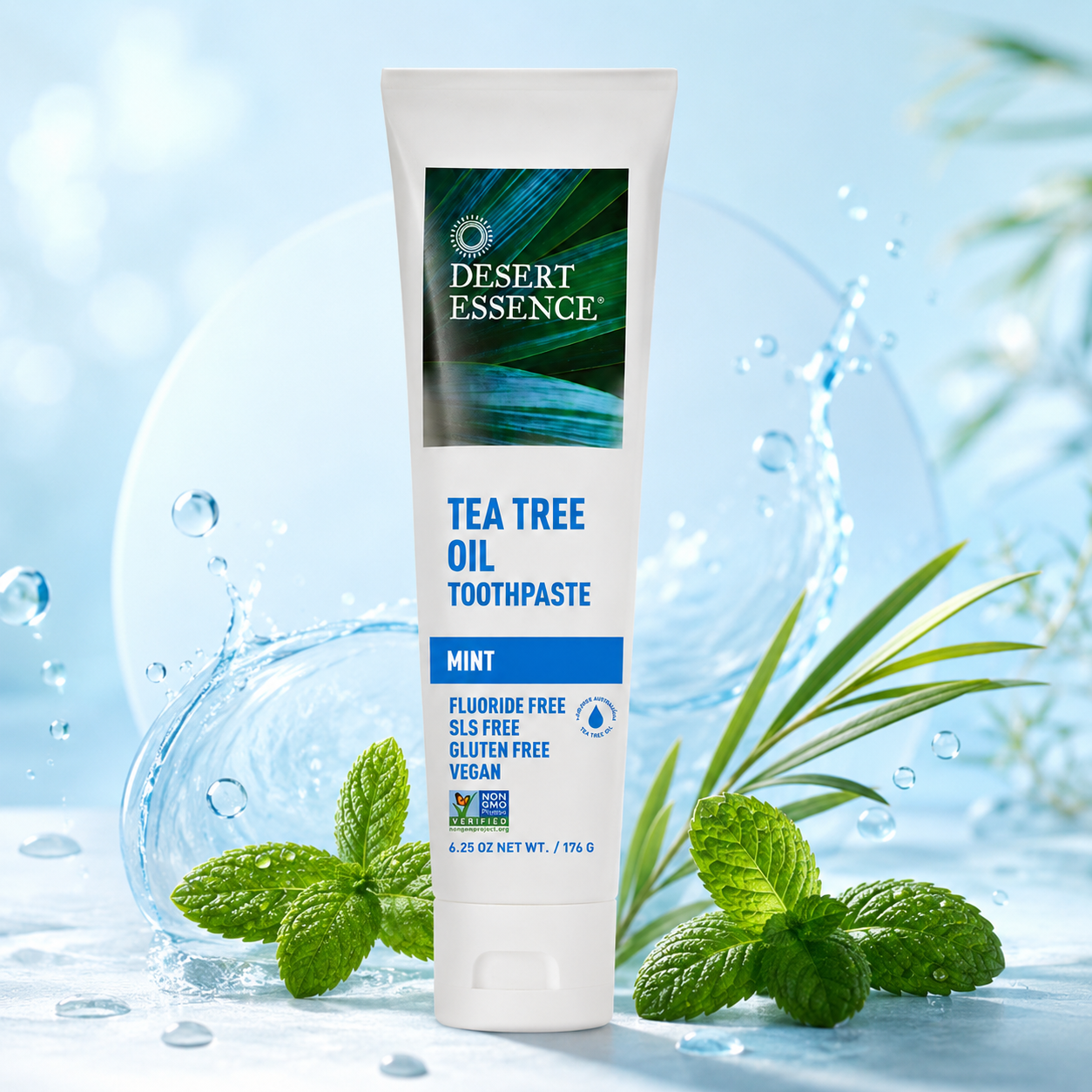 Desert Essence Tea Tree Oil Toothpaste Mint (6.25 Oz ) Deep Cleans Teeth & Gums Helps Fight Plaque with Sea Salt Pure Essential Oil Baking Soda 18.75 oz