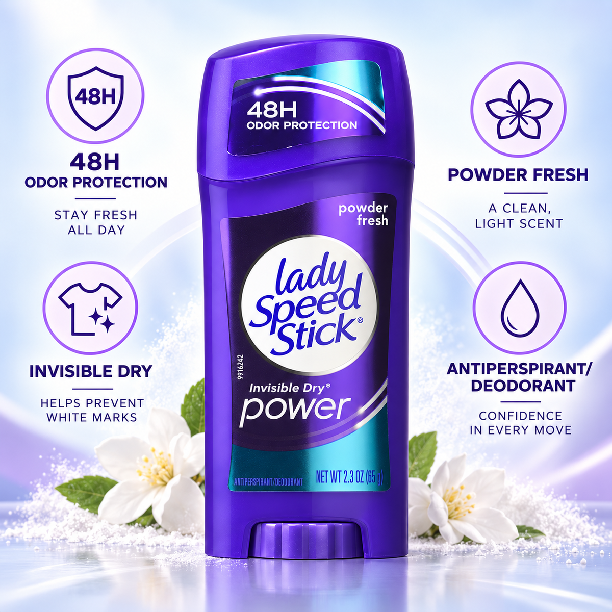 Lady Speed Stick Deodorant 2.3 oz Powder Fresh Invisi Dry (68 mL) (Pack of 3) Lady Speed Stick