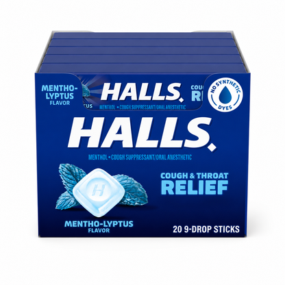 HALLS Cough and Throat Relief Mentho-Lyptus Cough Drops, 9 Sticks (Pack of 20)