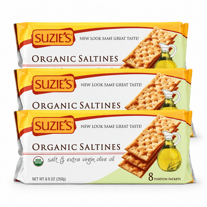 Suzie's Organic Saltines Crackers Salted with Extra Virgin Olive Oil (Pack of 3) 8.8oz Each