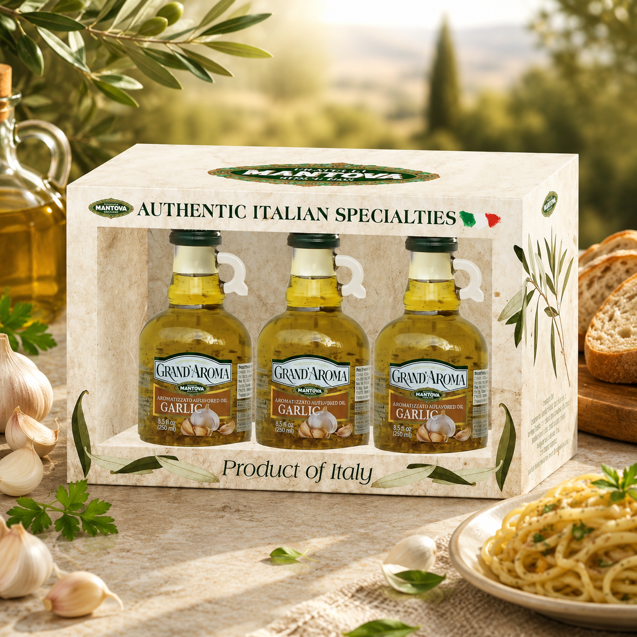 Grand'aroma Garlic Extra Virgin Olive Oil, 8.5-Ounce Bottles (Pack of 3)