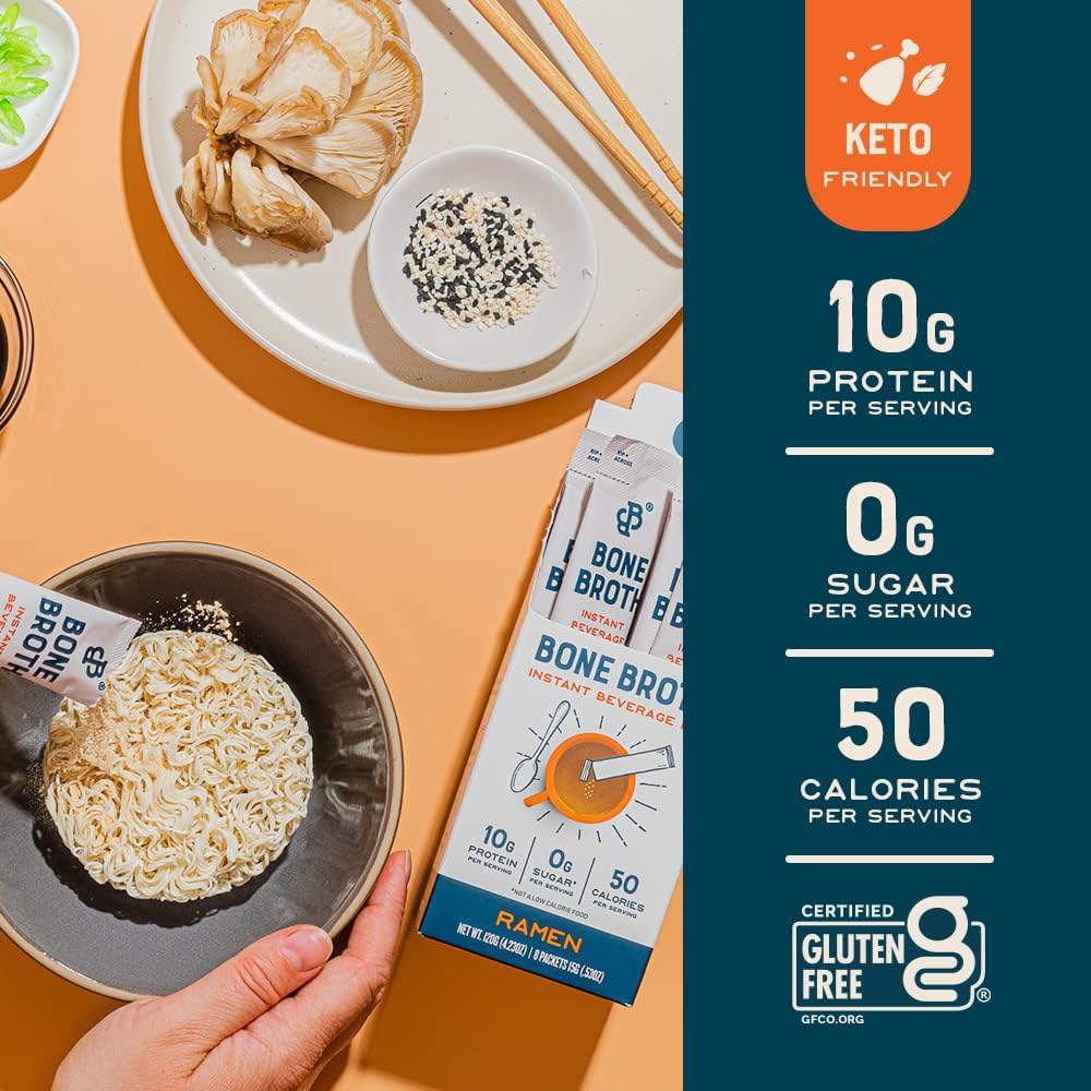 Bare Bones Bone Broth Instant Powdered Mix Ramen Flavor Non-GMO Gluten-Free Dairy-Free Keto Paleo Friendly 10g Protein (Pack of 4)