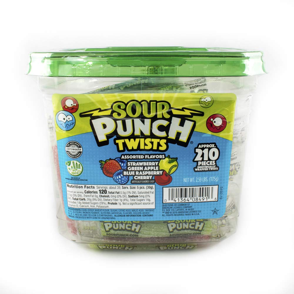 Sour Punch Twists Individually Wrapped Chewy Candy 4 Fruity Flavors 2.59 lb Jar