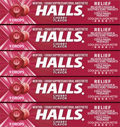 HALLS Cherry Cough Drops with Menthol 180 Drops 20 Sticks