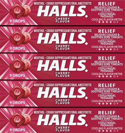 HALLS Cherry Cough Drops with Menthol 180 Drops 20 Sticks