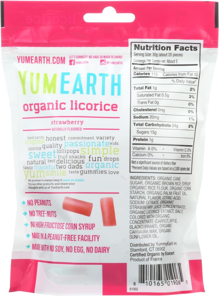 YumEarth Organic Gluten Free Strawberry Licorice Snack Packs - Allergy Friendly, Gluten Free, Non-GMO, Vegan, No Artificial Flavors or Dyes - 5 Ounce (Pack of 2)