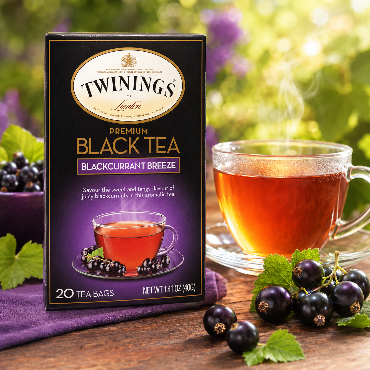 Twinings Premium Black Tea box with a steaming cup of tea and blackcurrants on a wooden surface.