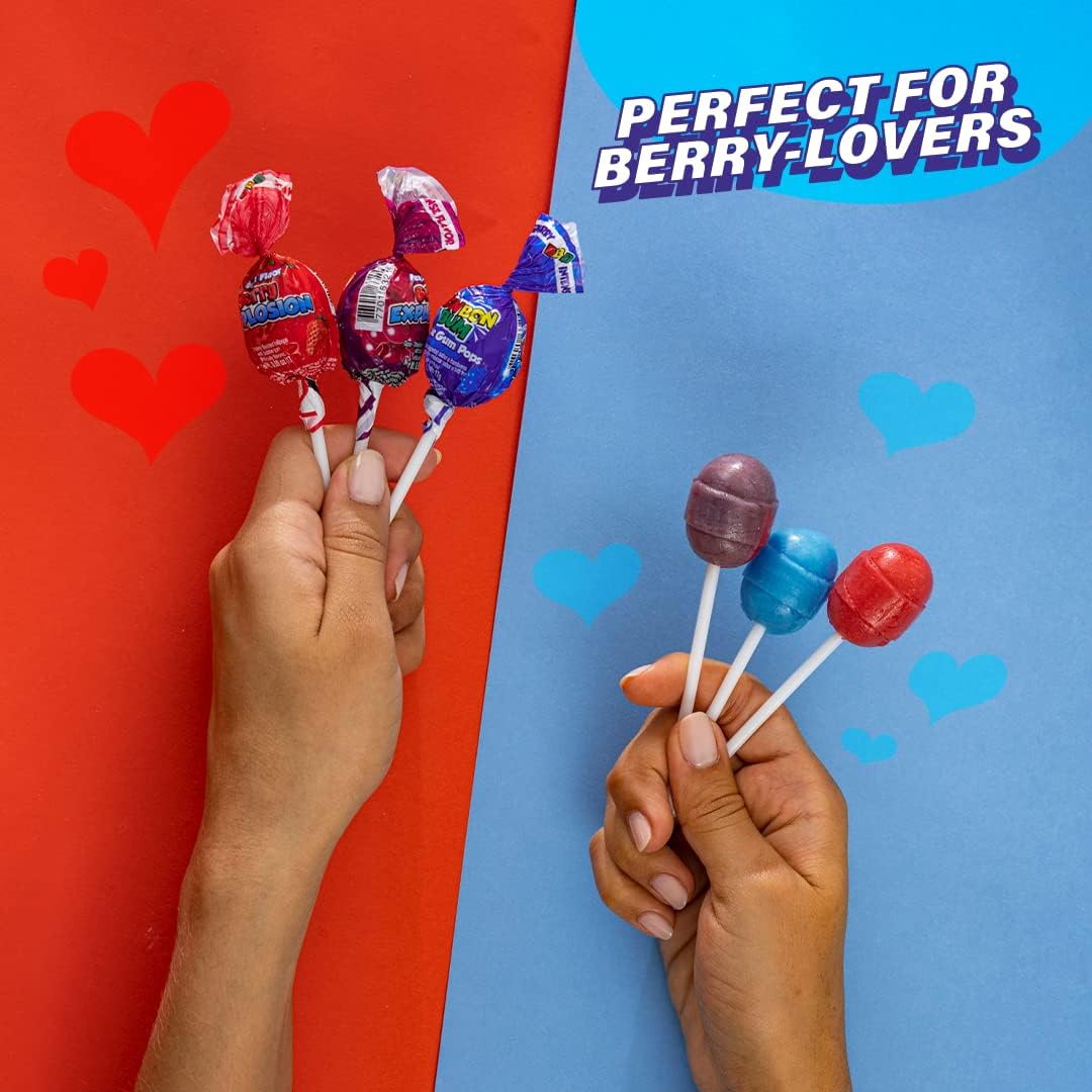 Colombina Bon Bon Bum Lollipops w/Bubble Gum Center, Berry Explosion Mix, Individually Wrapped, Ideal for Party Favors and Gifts, (Pack of 3)
