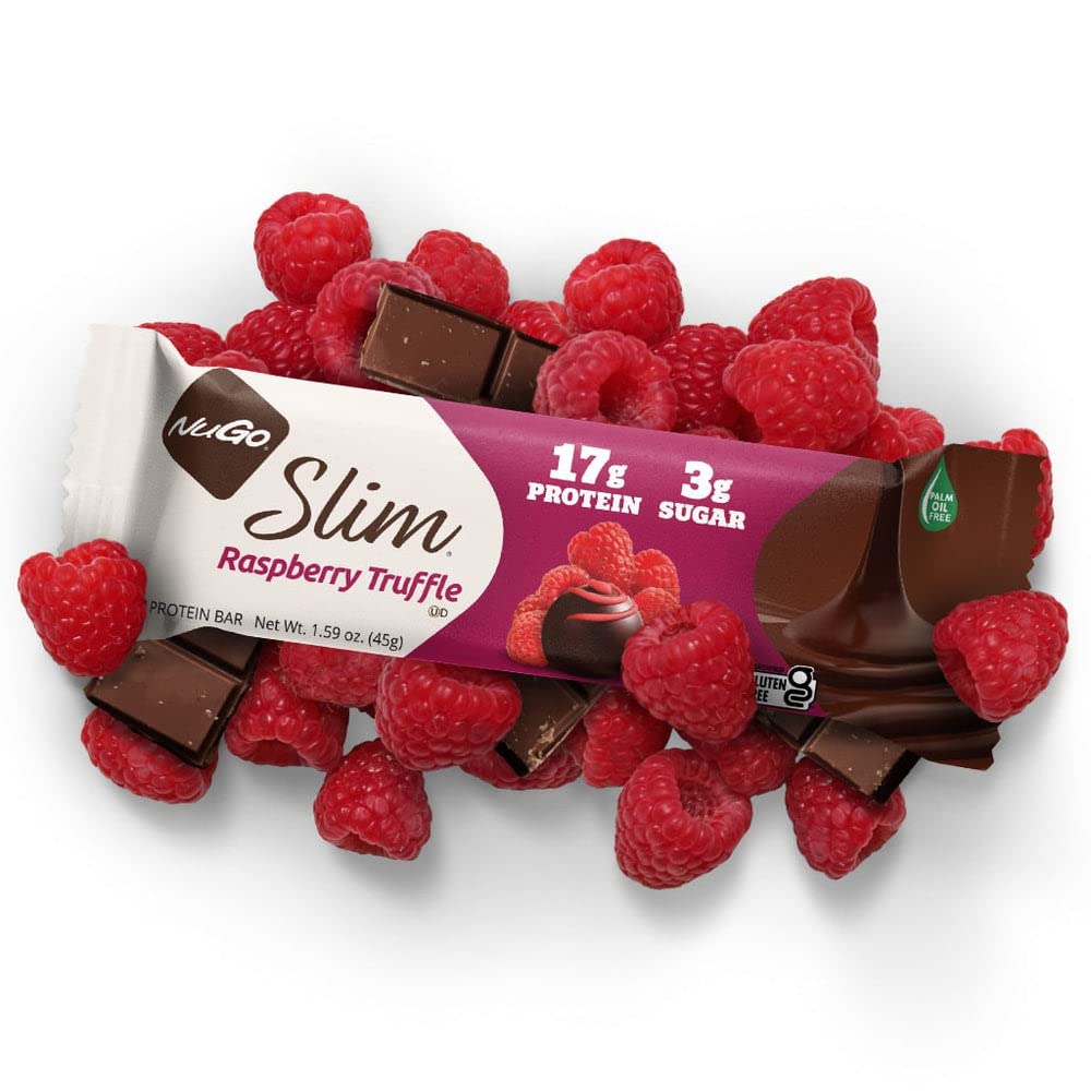 NuGo Slim Dark Chocolate Raspberry Truffle Protein Bar Keto Friendly Gluten Free 17g Protein 2g Sugar 7g Fiber 12 Count
