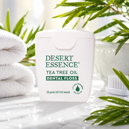 Desert Essence Tea Tree Oil Dental Floss - 50 Yards - Naturally Waxed w/ Beeswax - Thick Flossing No Shred Tape - On The Go - Removes Food Debris Buildup - Cruelty-Free Antiseptic