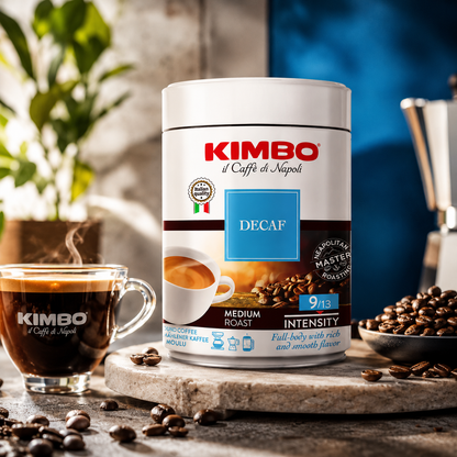 Kimbo Espresso Decaffeinato Ground Coffee - Blended and Roasted in Italy - Medium Roast with a Full-body Rich and Smooth Flavor - 8.8 oz Can
