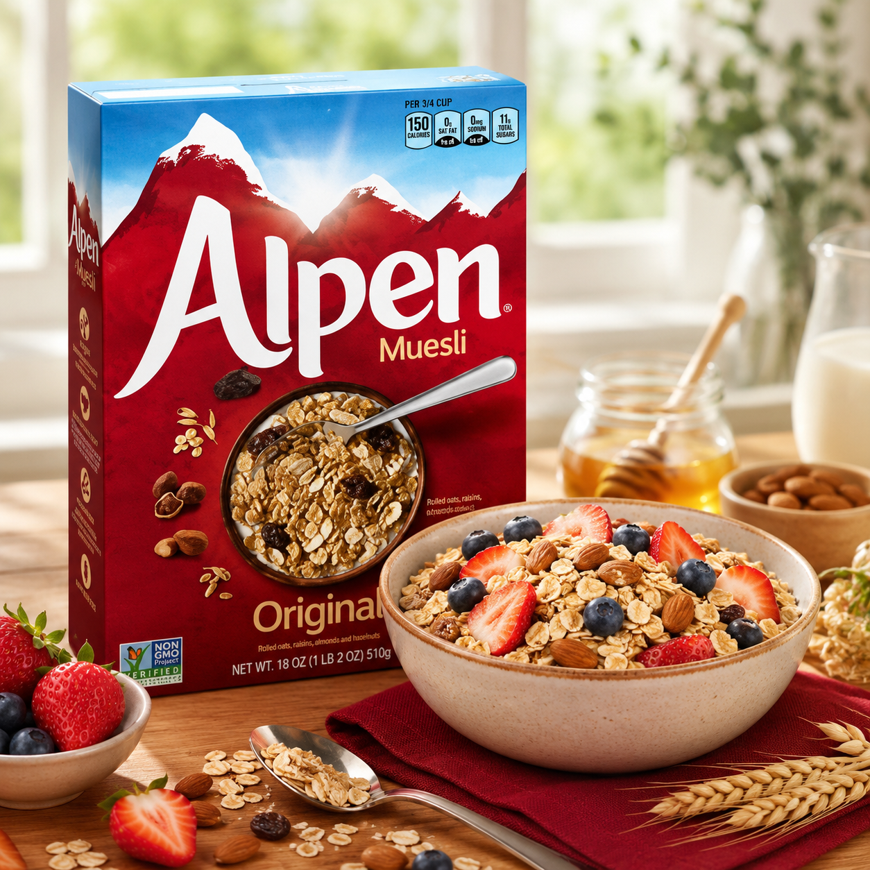 Alpen Muesli Original Cereal, Heart Healthy Cereal with Wheat Flakes, Rolled Oats, Nuts and Raisins, Non-GMO Project Verified, 14 OZ Box (Pack of 6)