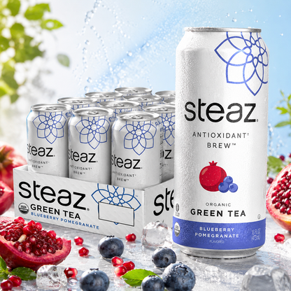 Steaz Organic Green Tea Blueberry Pomegranate Antioxidant Brew Natural Caffeine 90 Calories Vitamin C Cane Sugar Sweetened Vegan 16 fl oz