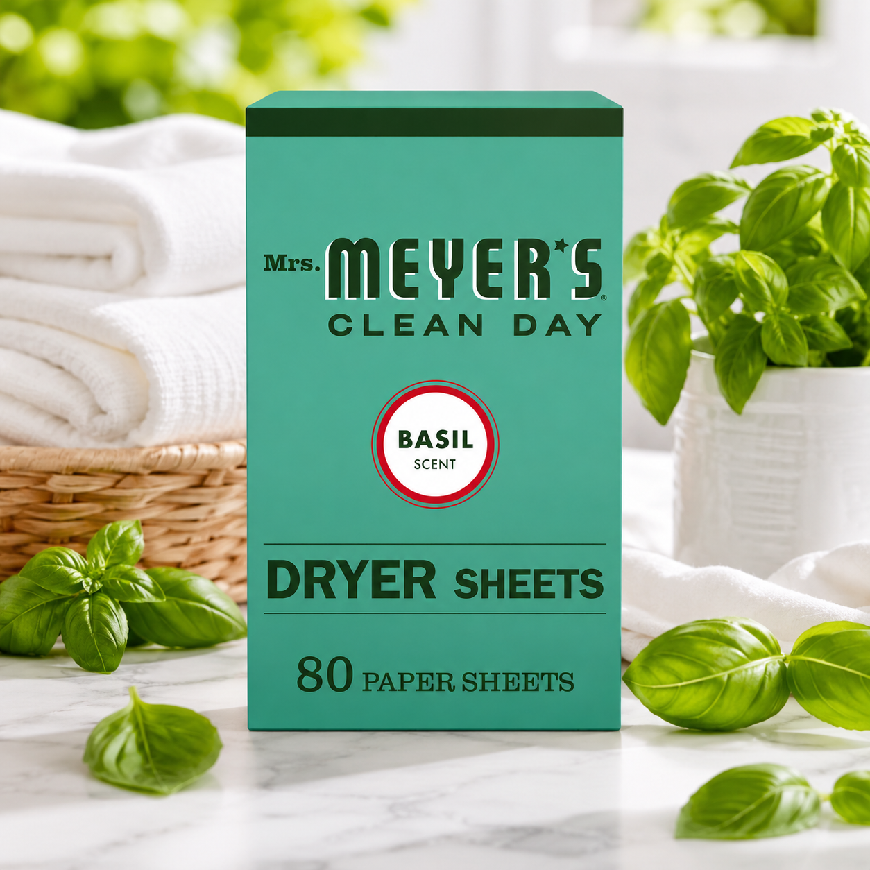 Mrs. Meyer's Clean Day Dryer Sheets Fabric Softener Basil Scent Softens Fabric Reduces Static Cruelty Free Formula 80 ct