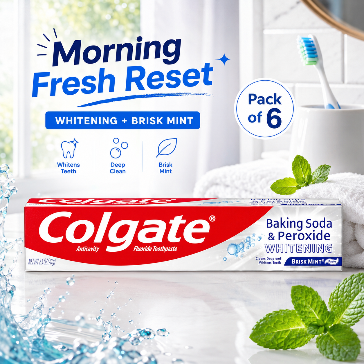 Colgate Baking Soda and Peroxide Toothpaste, Whitening Baking Soda Toothpaste, Brisk Mint Flavor, Whitens Teeth, Fights Cavities and Removes Surface Stains for Whiter Teeth, 2.5 Oz Tube, (Pack of 6)