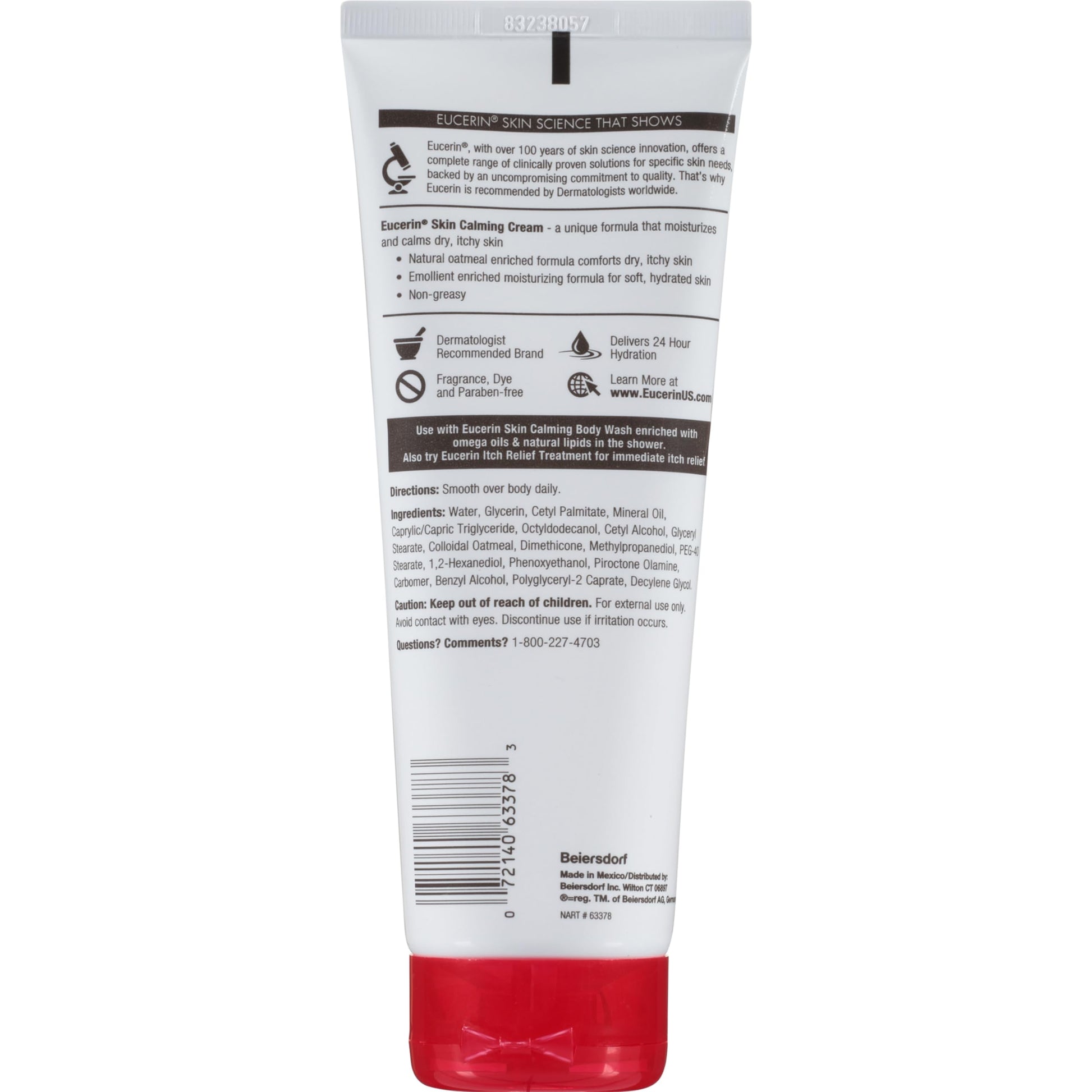 Eucerin Skin Calming Cream Full Body Lotion for Dry Itchy Skin Natural Oatmeal Enriched 8 oz. Tube (Pack of 3)
