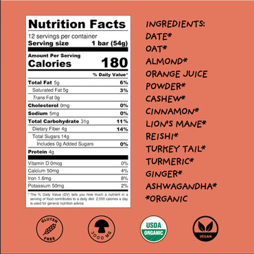 WISE BAR Adaptogen Mushroom Nutrition Bars Organic Vegan & Gluten Free Cinnamon Turmeric Flavor with Reishi Lions Mane & Ashwagandha Focus Energy & Immunity Support 12 Count